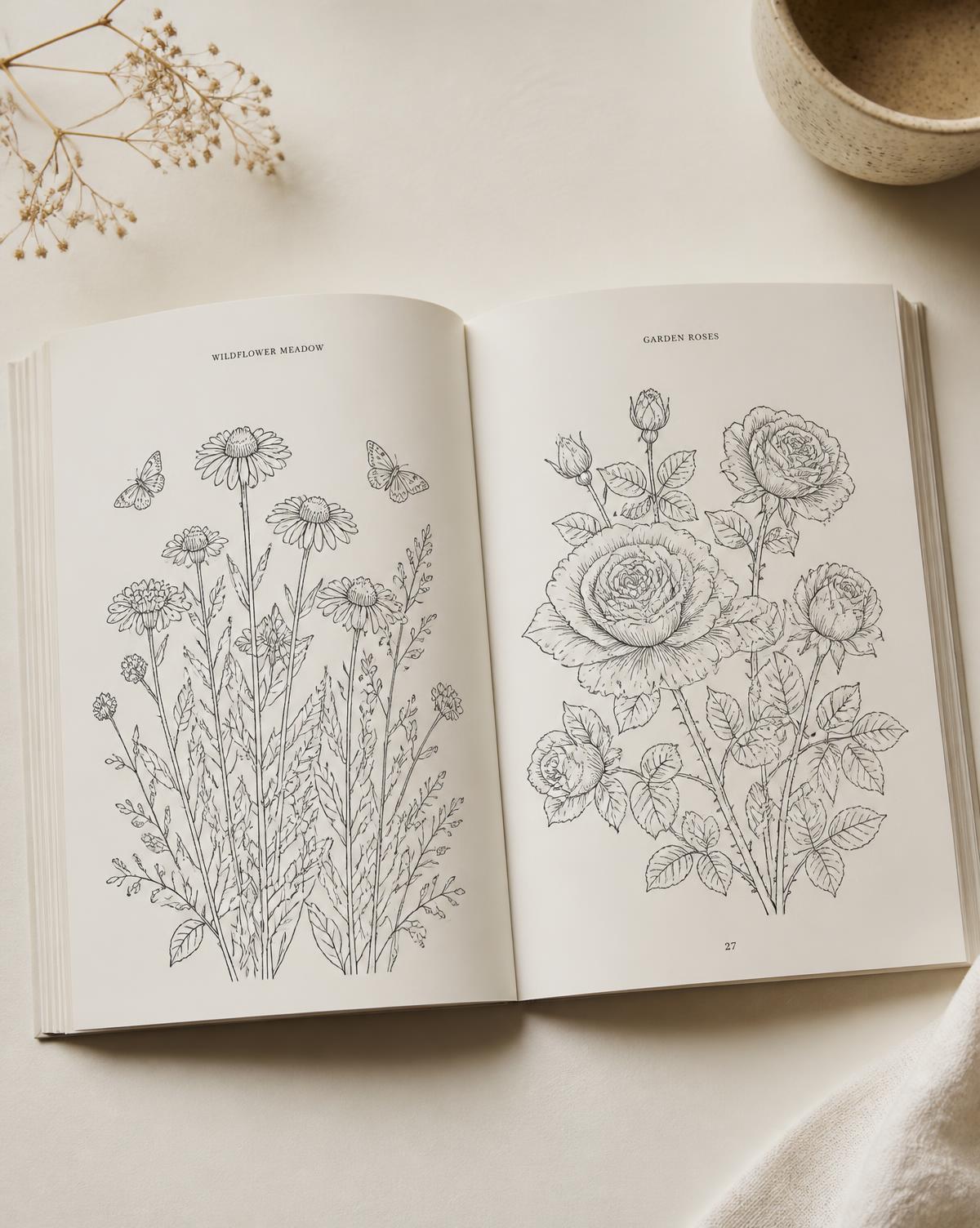 Open coloring book showing detailed botanical ink illustrations on cream paper